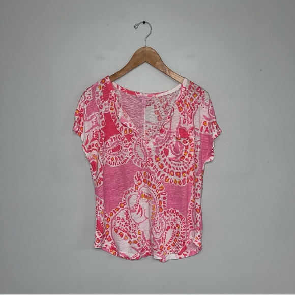 Lilly Pulitzer Shirt Women's Size Medium Hot Coral Trunk in Love Linen Duval Top - Picture 2 of 7